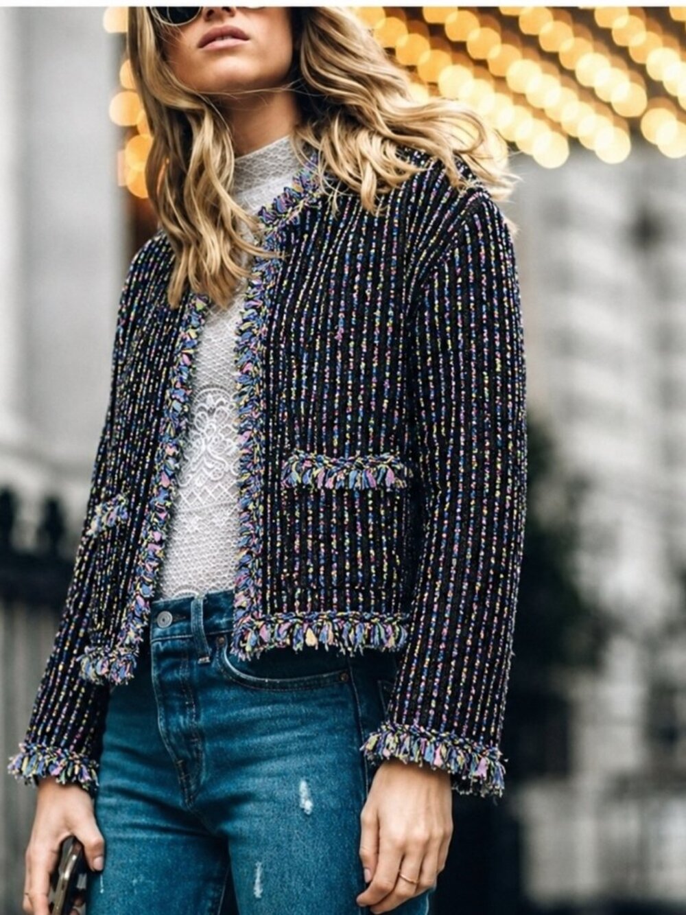 Zara Black Multicolored Knit Frayed Jacket